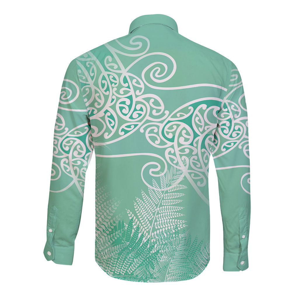 Aotearoa Maori Koru Curves Long Sleeve Button Shirt Silver Ferns - Mint LT7 - Polynesian Pride