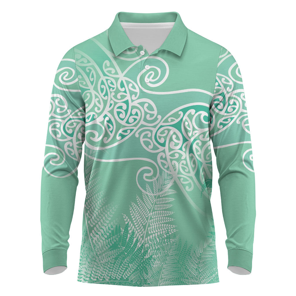 Aotearoa Maori Koru Curves Long Sleeve Polo Shirt Silver Ferns - Mint