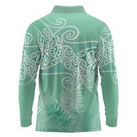 Aotearoa Maori Koru Curves Long Sleeve Polo Shirt Silver Ferns - Mint