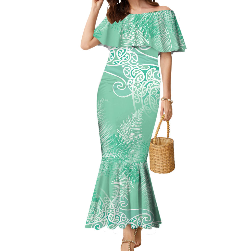 Aotearoa Maori Koru Curves Mermaid Dress Silver Ferns - Mint