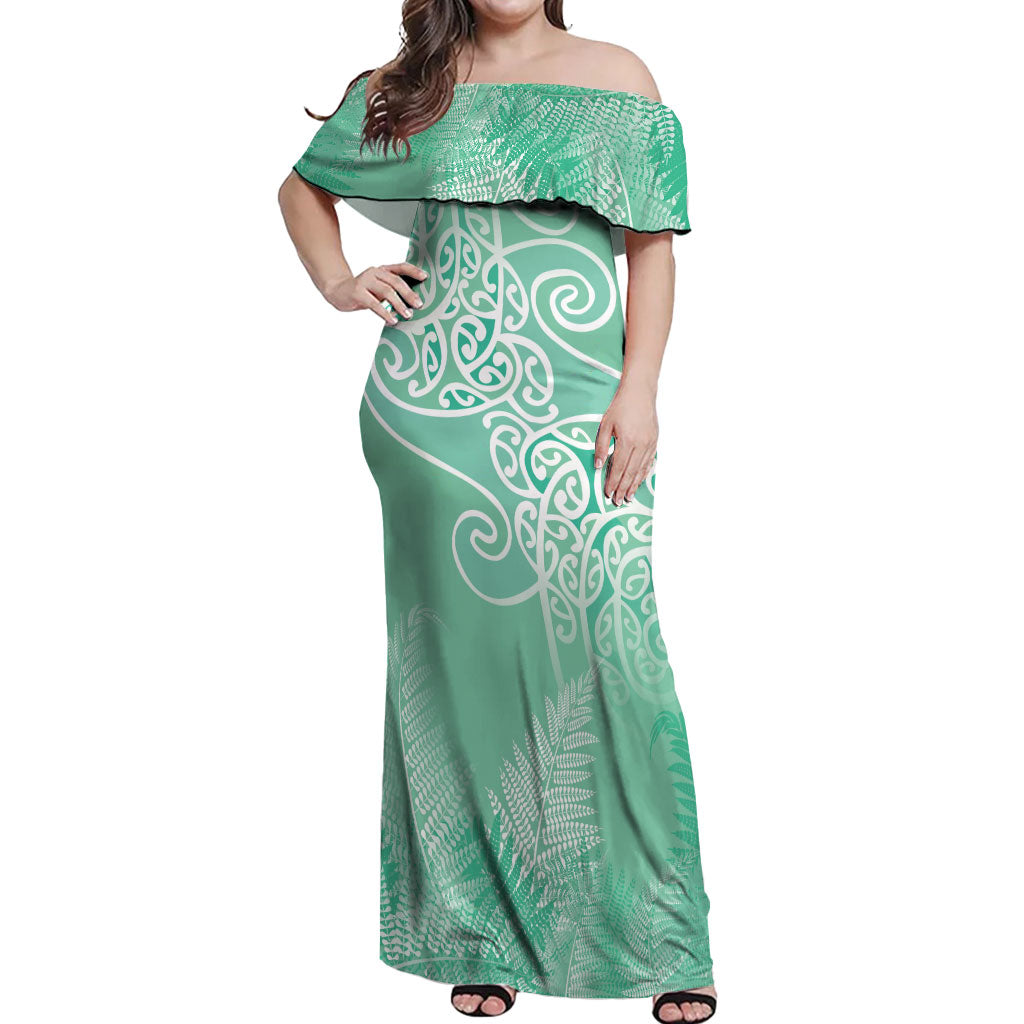 Aotearoa Maori Koru Curves Off Shoulder Maxi Dress Silver Ferns - Mint LT7 Women Mint Green - Polynesian Pride