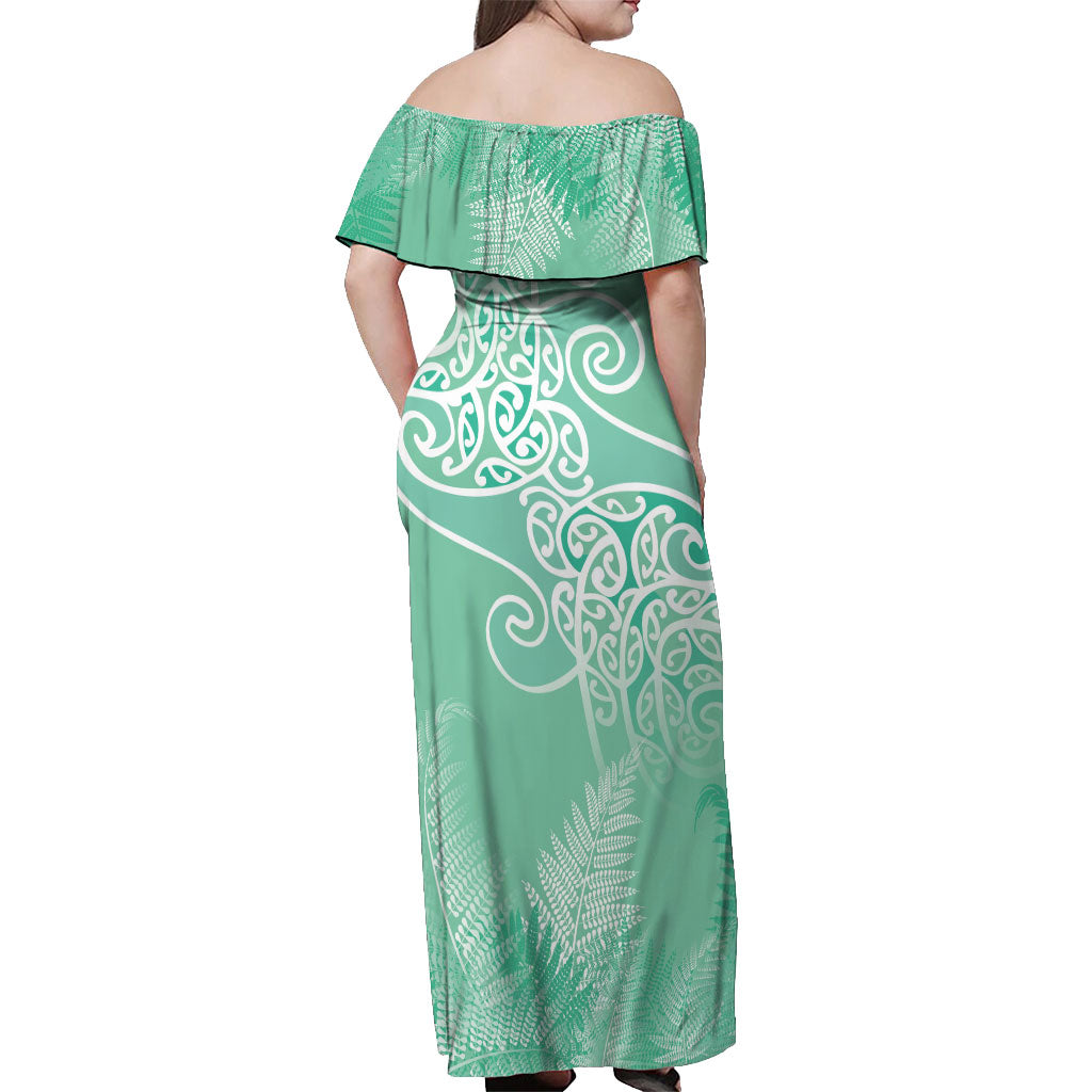 Aotearoa Maori Koru Curves Off Shoulder Maxi Dress Silver Ferns - Mint LT7 - Polynesian Pride