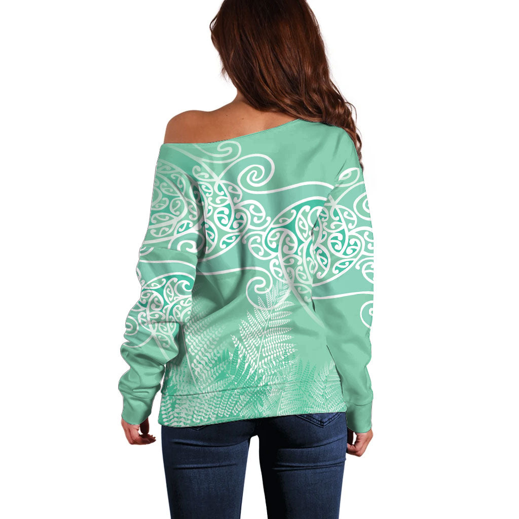 Aotearoa Maori Koru Curves Off Shoulder Sweater Silver Ferns - Mint LT7 - Polynesian Pride