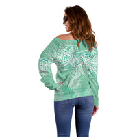Aotearoa Maori Koru Curves Off Shoulder Sweater Silver Ferns - Mint LT7 - Polynesian Pride