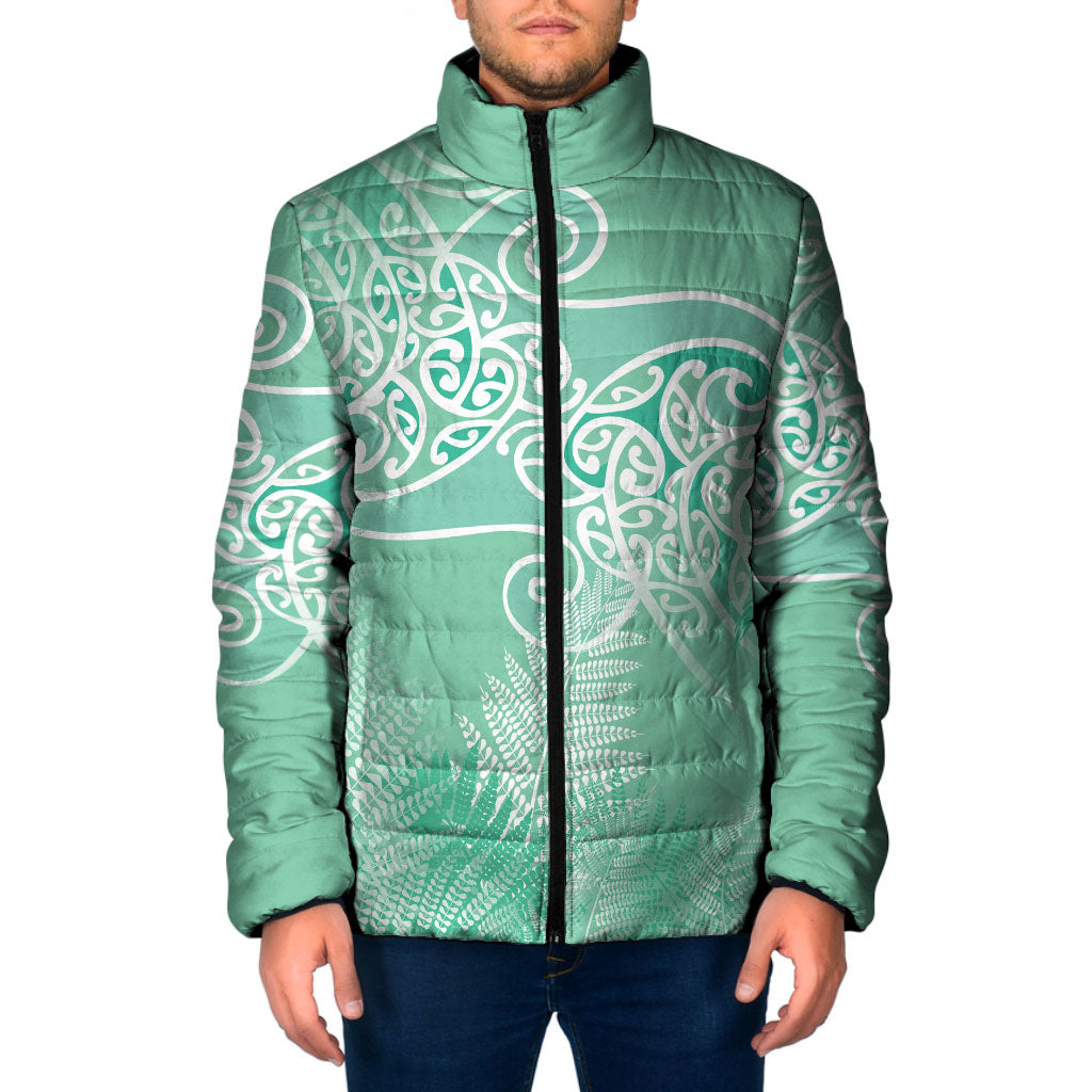 Aotearoa Maori Koru Curves Padded Jacket Silver Ferns - Mint LT7 Men Mint Green - Polynesian Pride