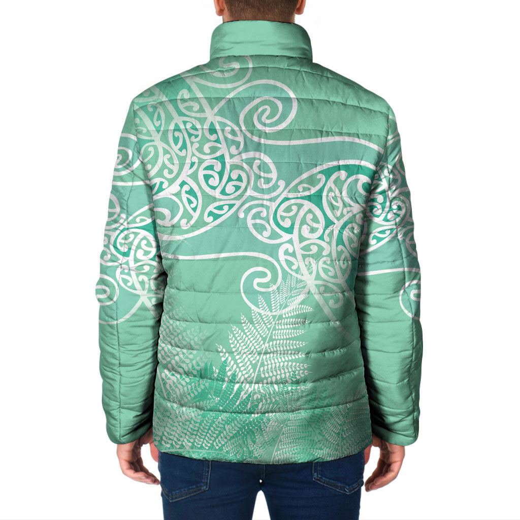 Aotearoa Maori Koru Curves Padded Jacket Silver Ferns - Mint LT7 - Polynesian Pride