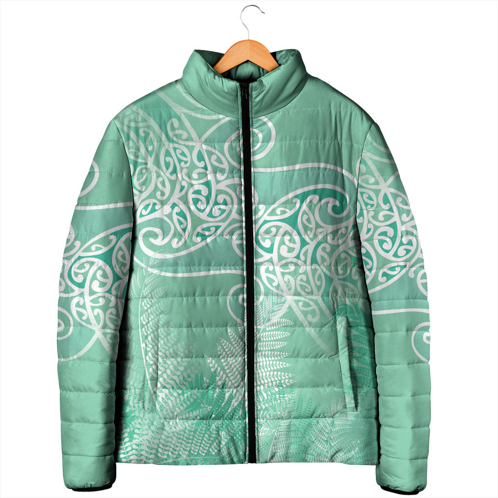 Aotearoa Maori Koru Curves Padded Jacket Silver Ferns - Mint LT7 - Polynesian Pride
