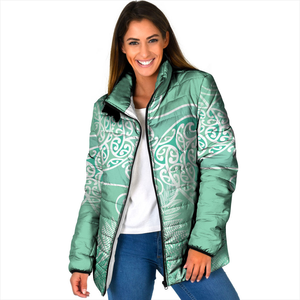 Aotearoa Maori Koru Curves Padded Jacket Silver Ferns - Mint LT7 Women Mint Green - Polynesian Pride