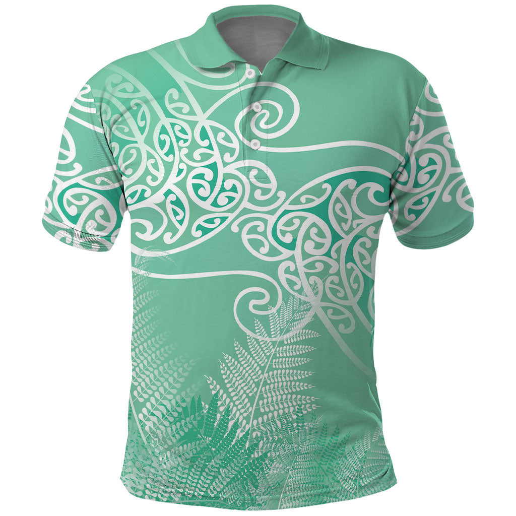 Aotearoa Maori Koru Curves Polo Shirt Silver Ferns - Mint