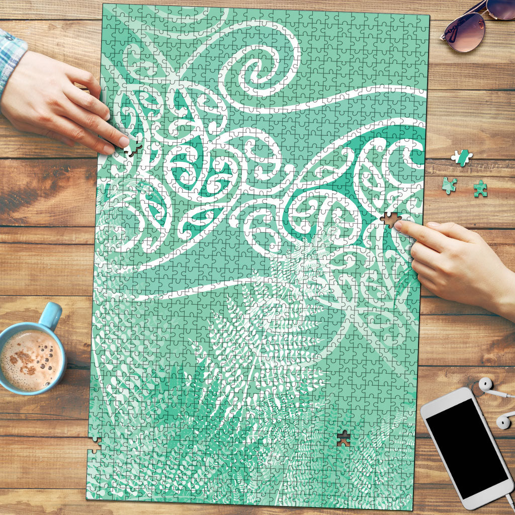 Aotearoa Maori Koru Curves Puzzle Silver Ferns - Mint LT7 Mint Green - Polynesian Pride