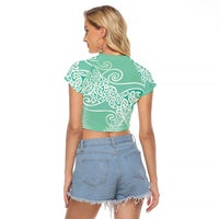 Aotearoa Maori Koru Curves Raglan Cropped T Shirt Silver Ferns - Mint LT7 - Polynesian Pride