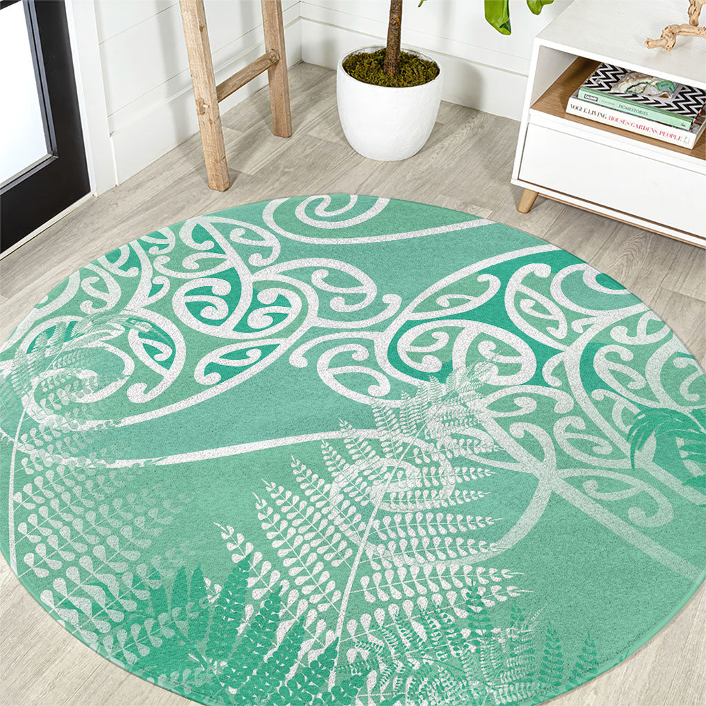 Aotearoa Maori Koru Curves Round Carpet Silver Ferns - Mint LT7 Mint Green - Polynesian Pride