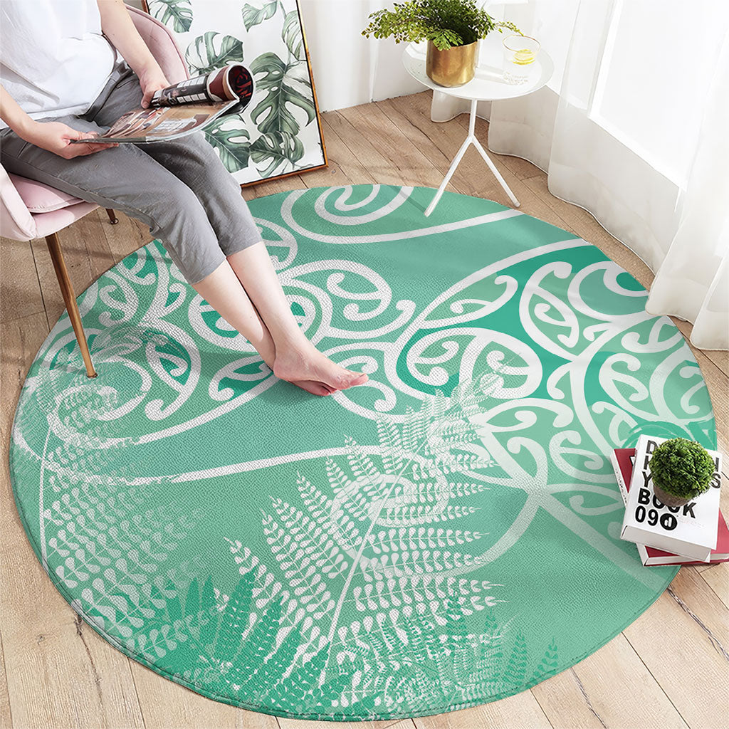 Aotearoa Maori Koru Curves Round Carpet Silver Ferns - Mint LT7 - Polynesian Pride