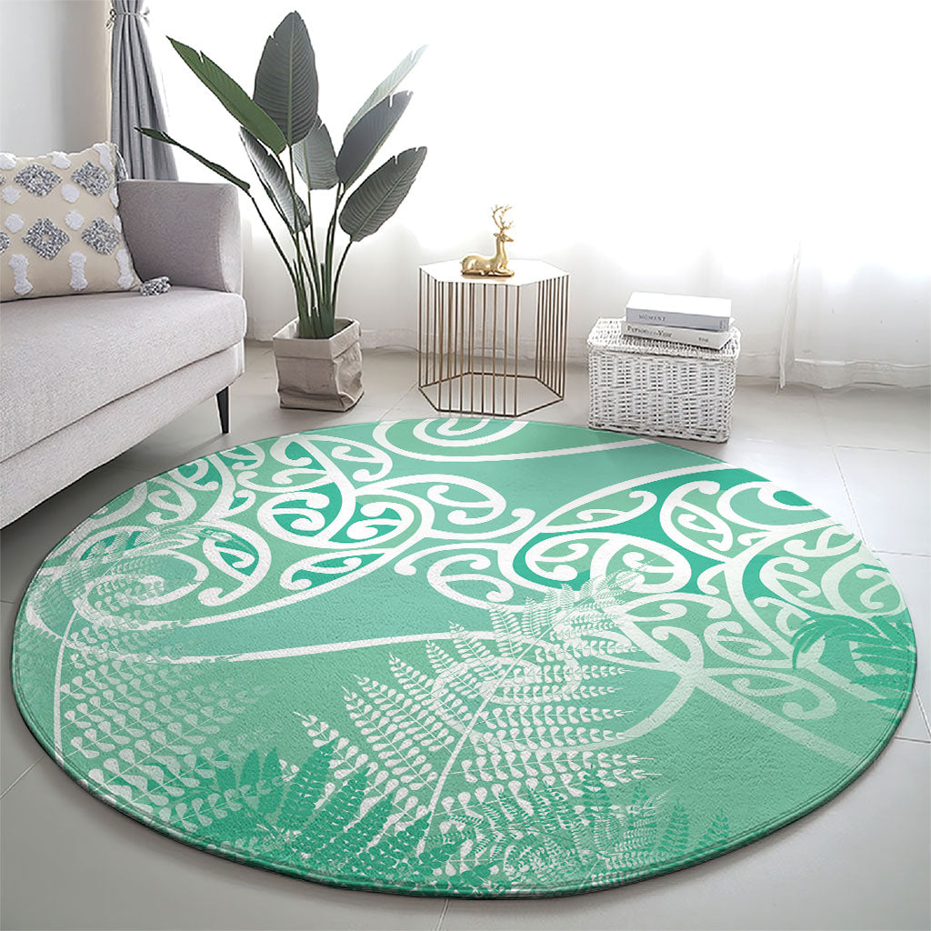 Aotearoa Maori Koru Curves Round Carpet Silver Ferns - Mint LT7 - Polynesian Pride