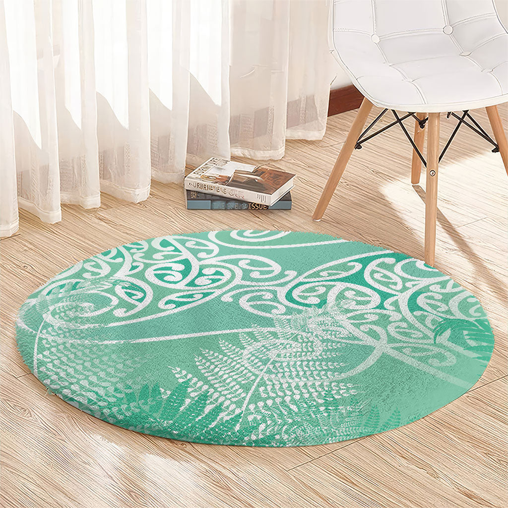 Aotearoa Maori Koru Curves Round Carpet Silver Ferns - Mint LT7 - Polynesian Pride