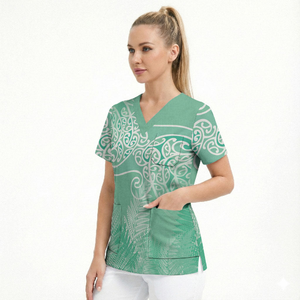 Aotearoa Maori Koru Curves Scrub Top Silver Ferns - Mint LT7 - Polynesian Pride