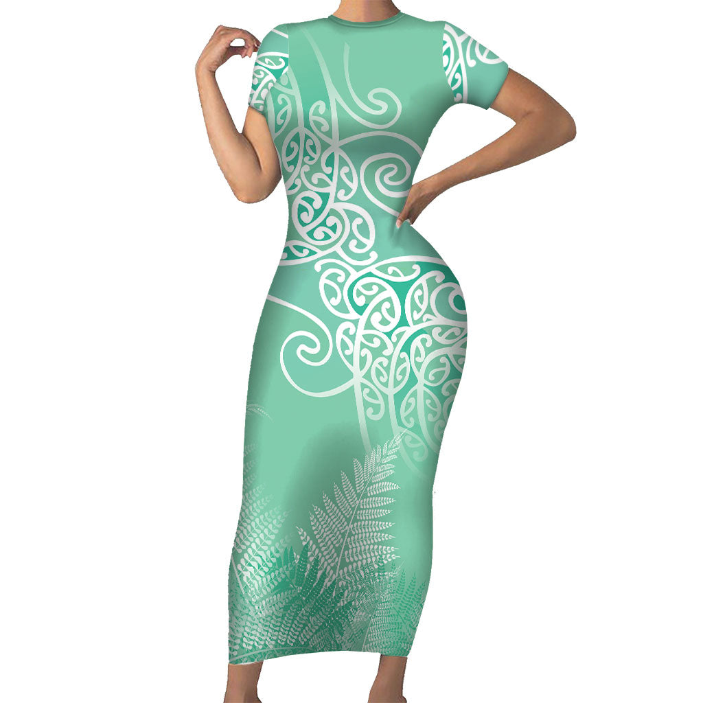 Aotearoa Maori Koru Curves Short Sleeve Bodycon Dress Silver Ferns - Mint LT7 Long Dress Mint Green - Polynesian Pride