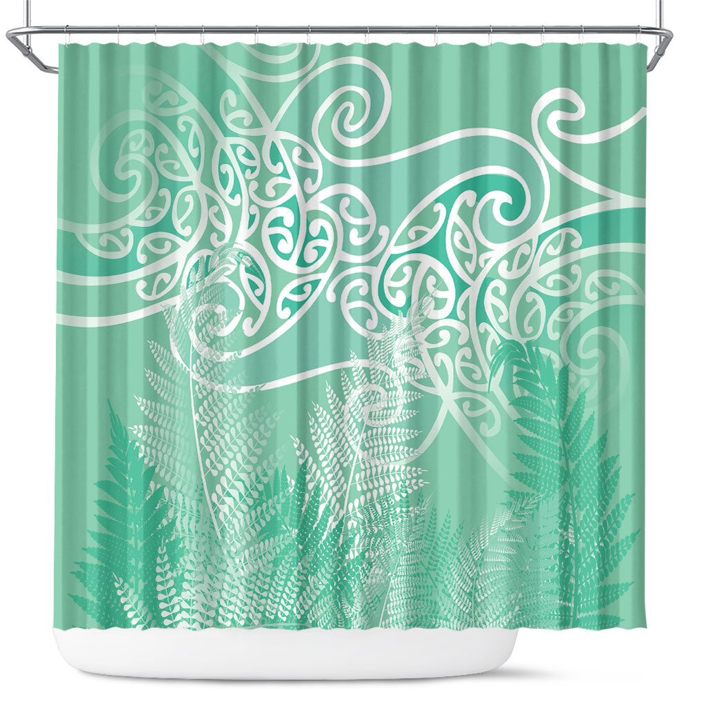 Aotearoa Maori Koru Curves Shower Curtain Silver Ferns - Mint