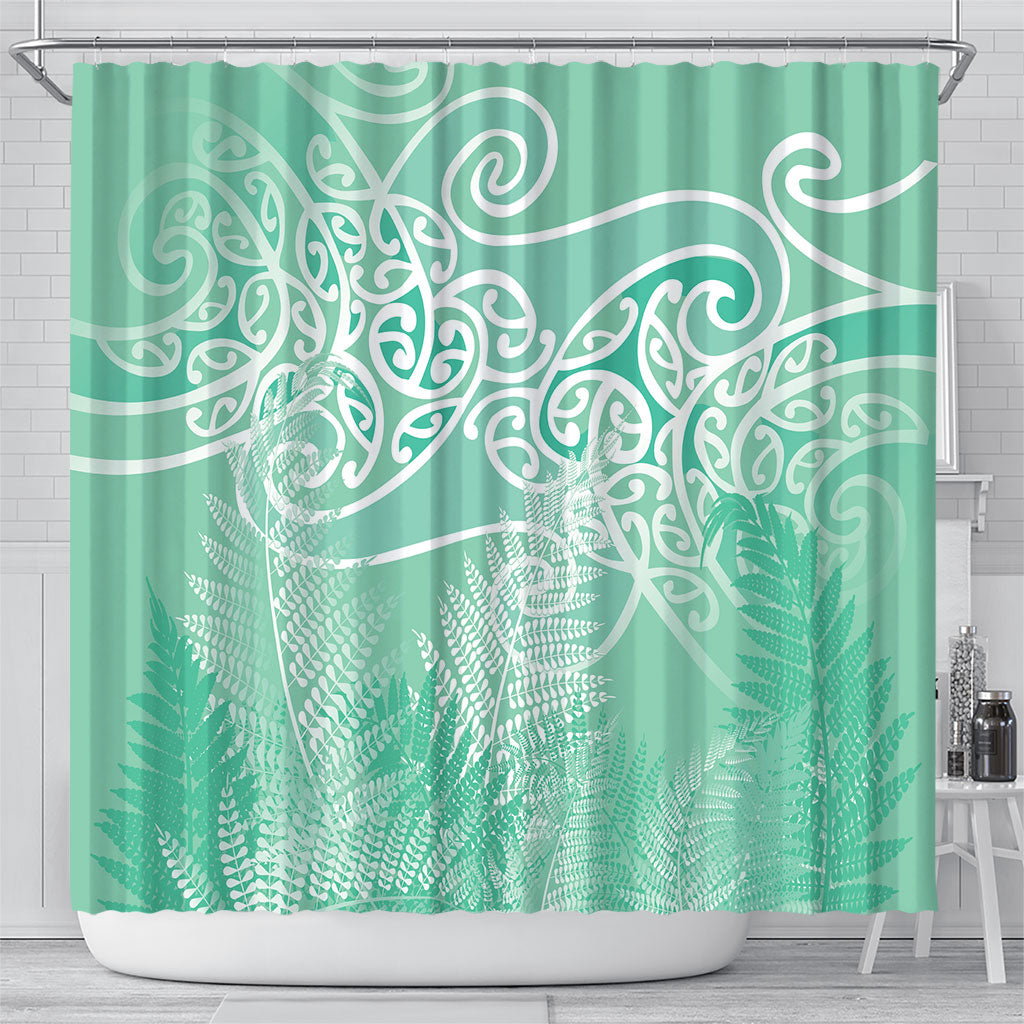 Aotearoa Maori Koru Curves Shower Curtain Silver Ferns - Mint