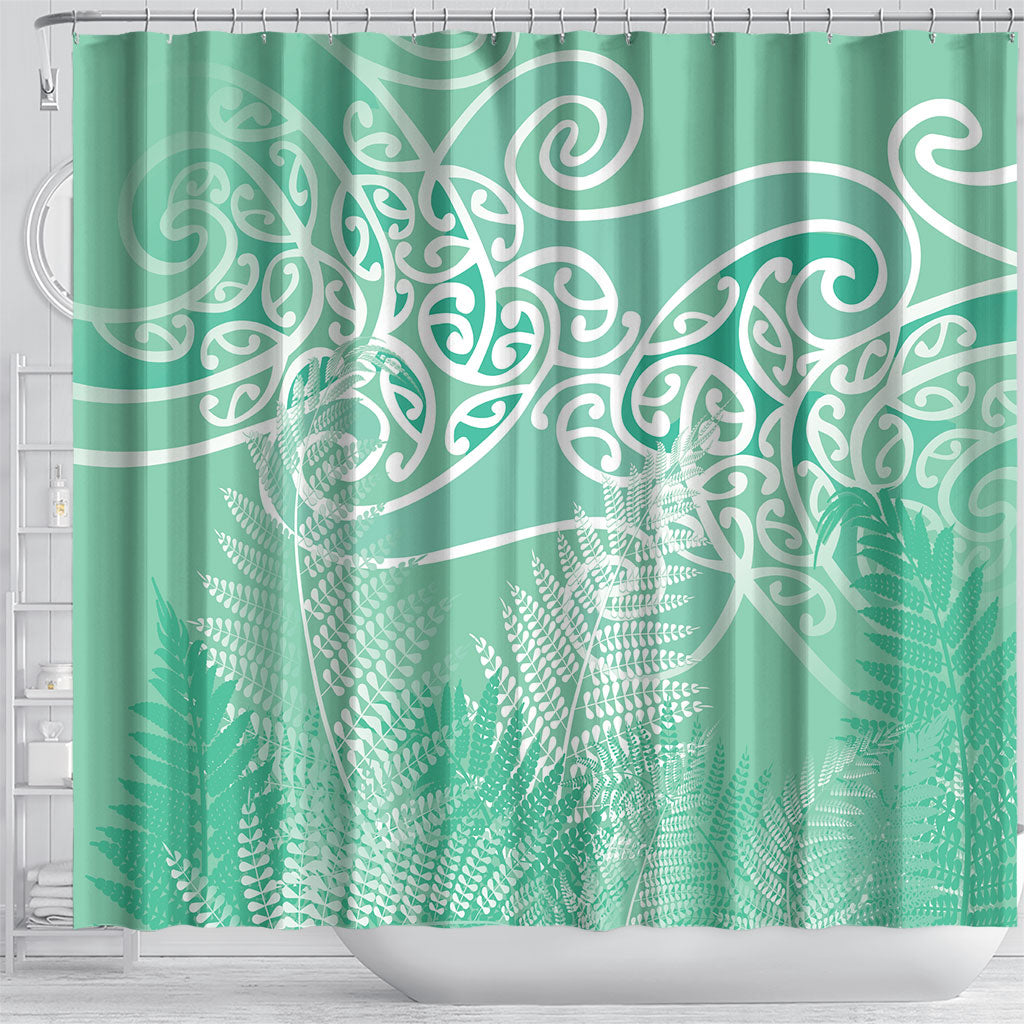 Aotearoa Maori Koru Curves Shower Curtain Silver Ferns - Mint