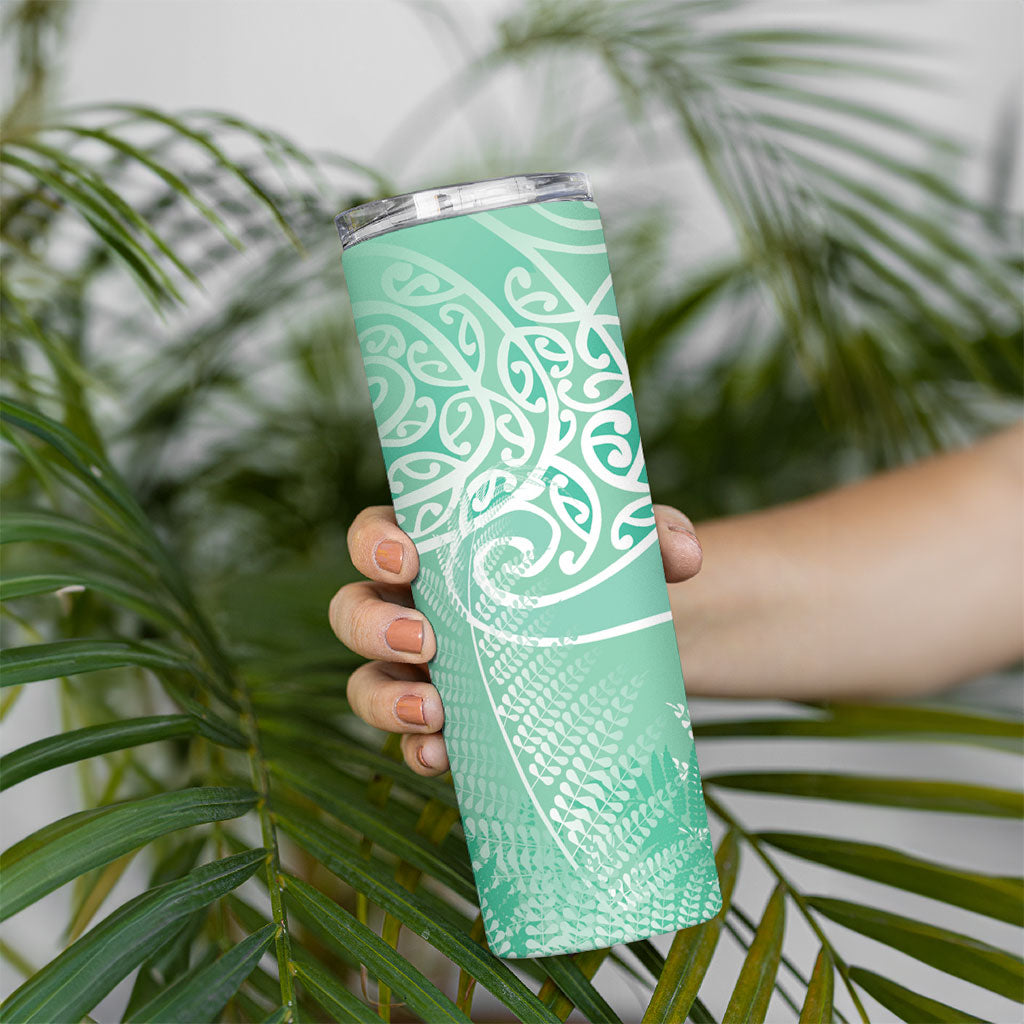 Aotearoa Maori Koru Curves Skinny Tumbler Silver Ferns - Mint LT7 - Polynesian Pride