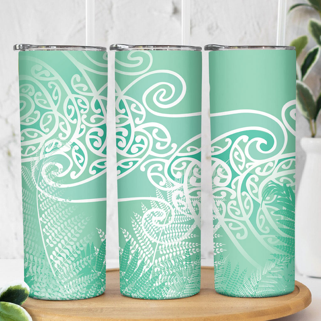 Aotearoa Maori Koru Curves Skinny Tumbler Silver Ferns - Mint LT7 - Polynesian Pride