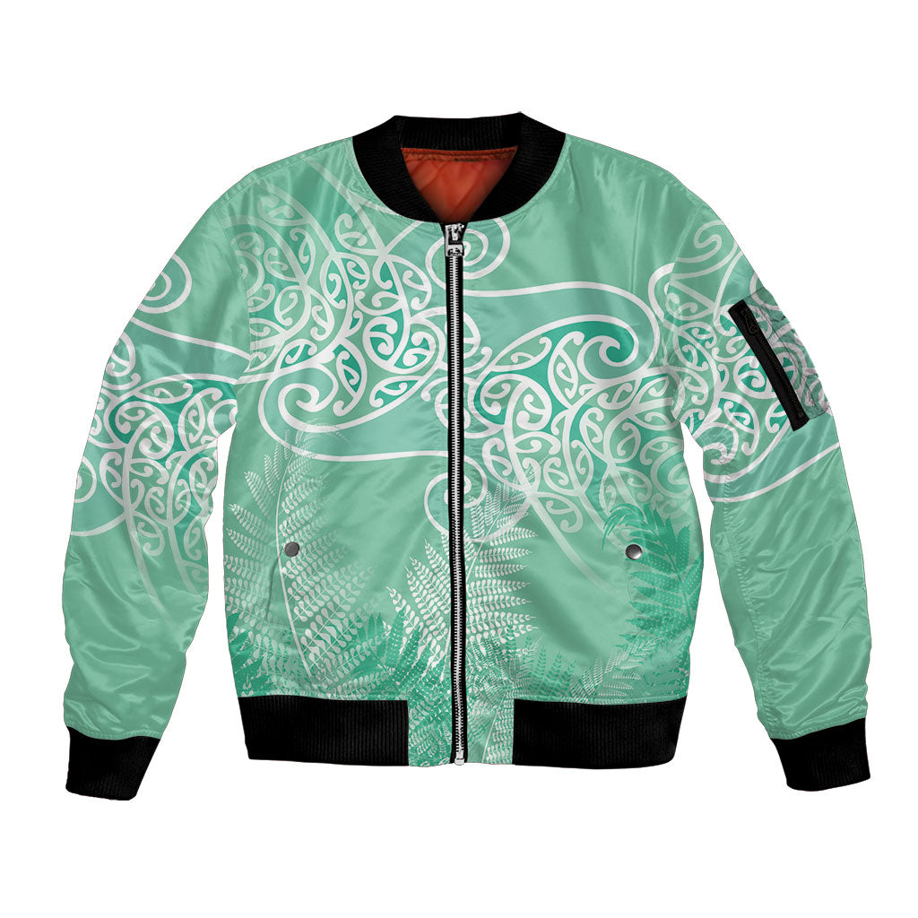 Aotearoa Maori Koru Curves Sleeve Zip Bomber Jacket Silver Ferns - Mint LT7 Unisex Mint Green - Polynesian Pride