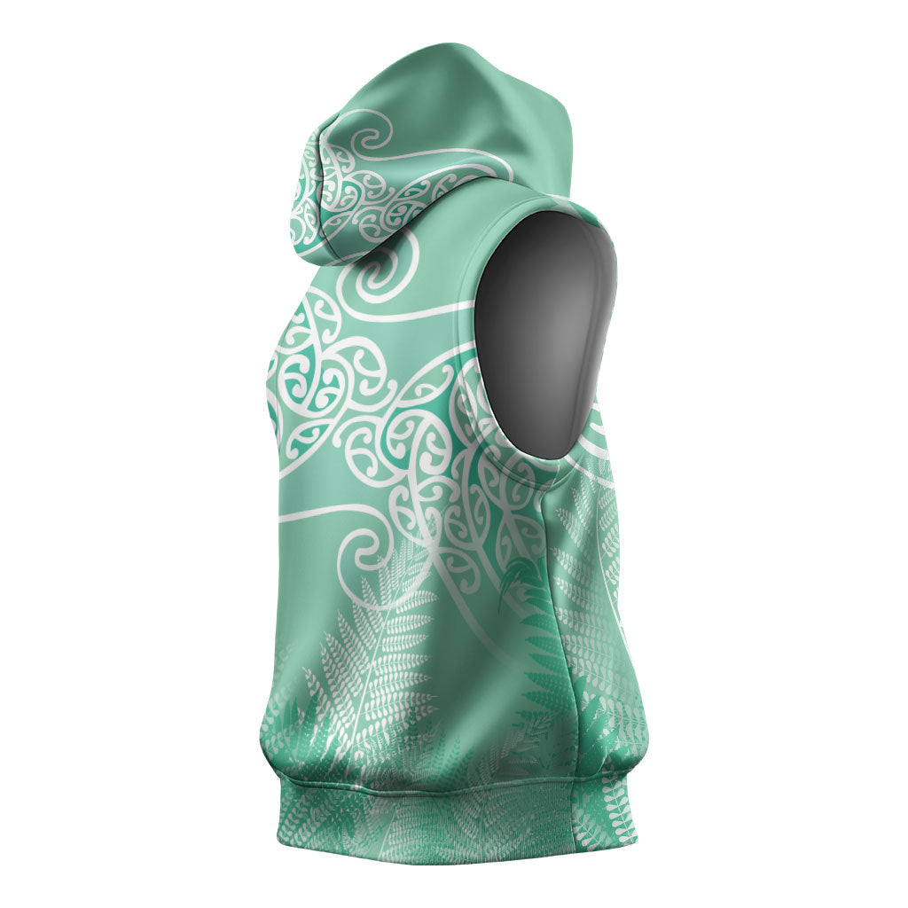 Aotearoa Maori Koru Curves Sleeveless Hoodie Silver Ferns - Mint LT7 - Polynesian Pride