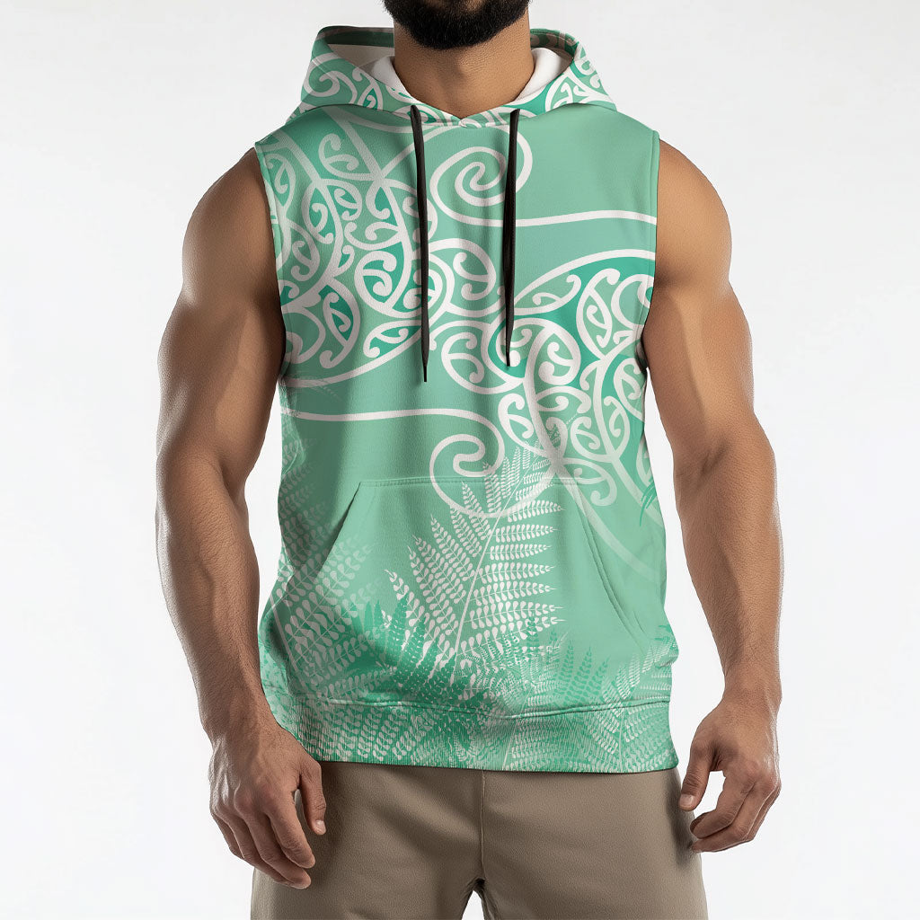 Aotearoa Maori Koru Curves Sleeveless Hoodie Silver Ferns - Mint LT7 - Polynesian Pride