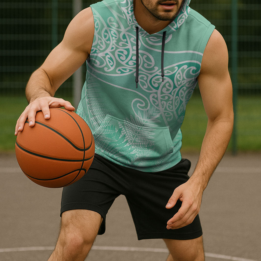 Aotearoa Maori Koru Curves Sleeveless Hoodie Silver Ferns - Mint LT7 - Polynesian Pride