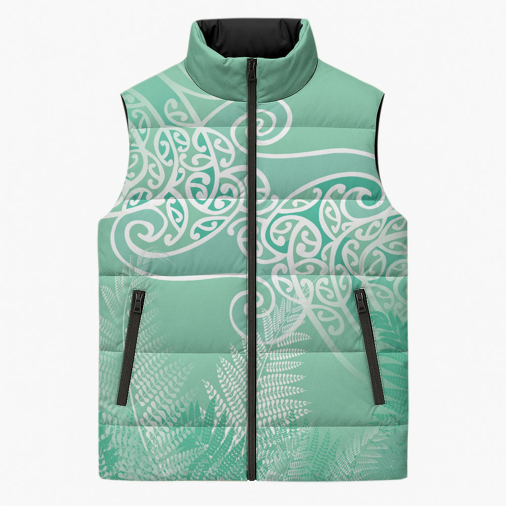 Aotearoa Maori Koru Curves Sleeveless Puffer Jacket Silver Ferns - Mint LT7 Unisex Mint Green - Polynesian Pride