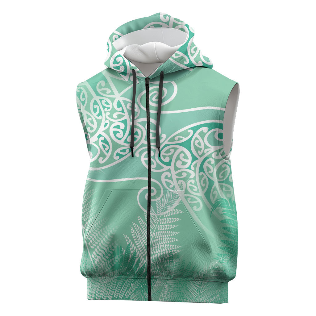Aotearoa Maori Koru Curves Sleeveless Zip Hoodie Silver Ferns - Mint LT7 Mint Green - Polynesian Pride