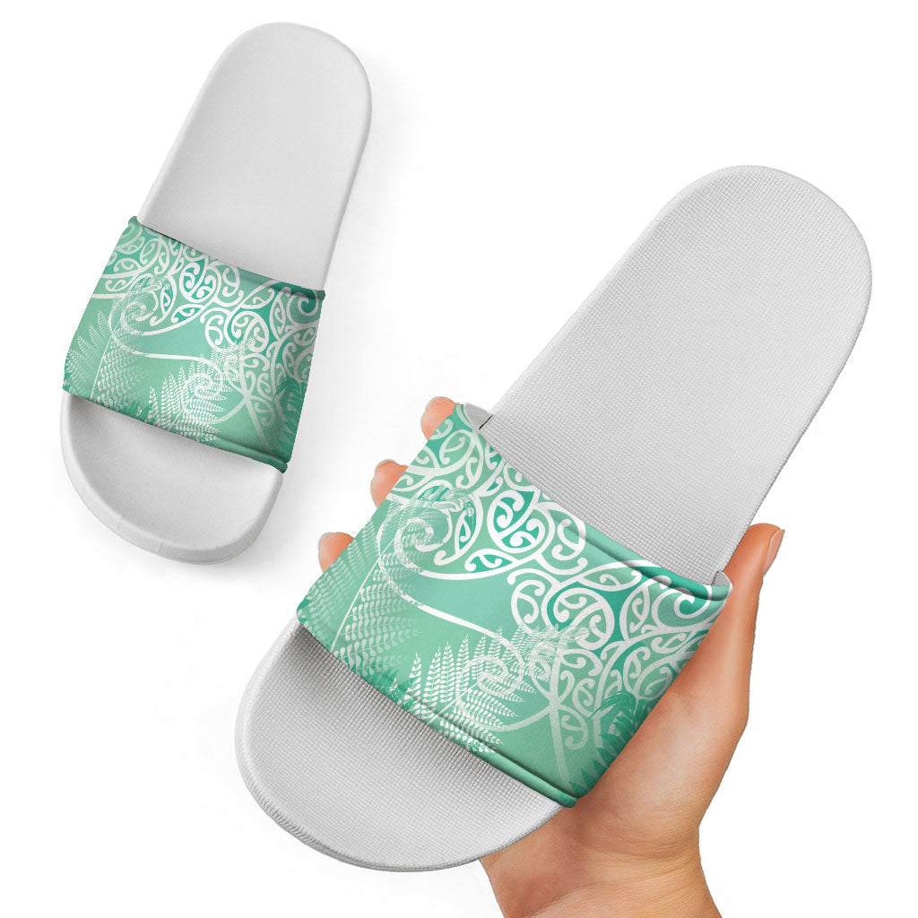 Aotearoa Maori Koru Curves Slide Sandals Silver Ferns - Mint LT7 - Polynesian Pride