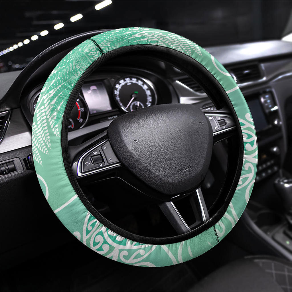 Aotearoa Maori Koru Curves Steering Wheel Cover Silver Ferns - Mint LT7 Universal Fit Mint Green - Polynesian Pride