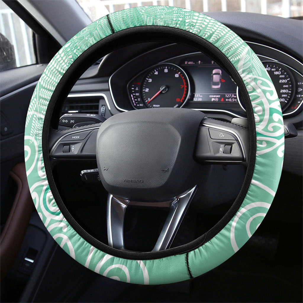 Aotearoa Maori Koru Curves Steering Wheel Cover Silver Ferns - Mint LT7 - Polynesian Pride