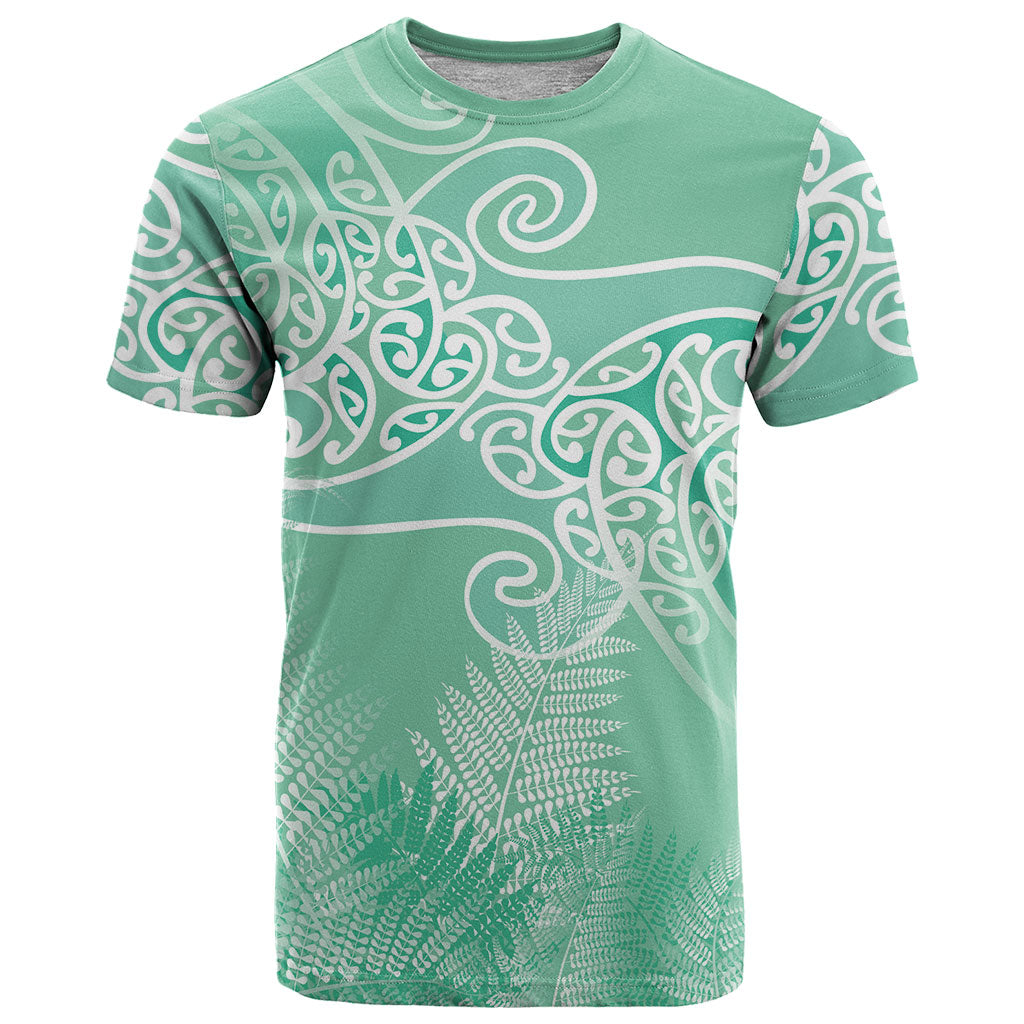 Aotearoa Maori Koru Curves T Shirt Silver Ferns - Mint LT7 Mint Green - Polynesian Pride