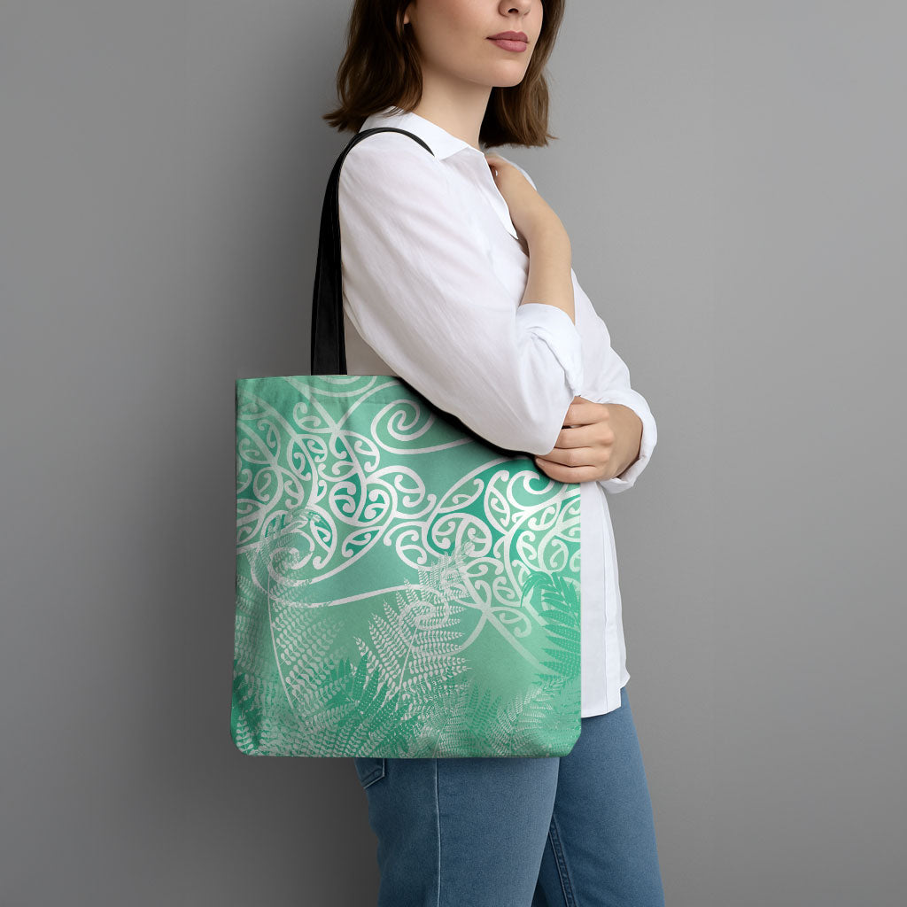 Aotearoa Maori Koru Curves Tote Bag Silver Ferns - Mint LT7 - Polynesian Pride