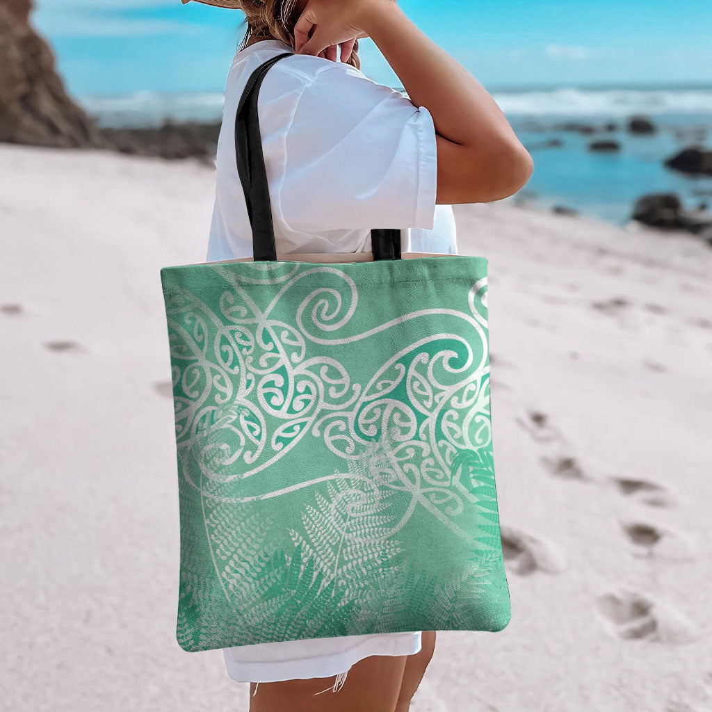 Aotearoa Maori Koru Curves Tote Bag Silver Ferns - Mint LT7 - Polynesian Pride