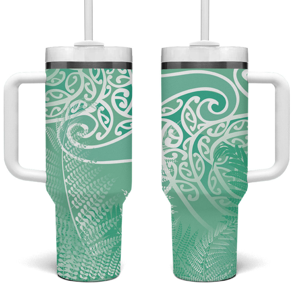 Aotearoa Maori Koru Curves Tumbler With Handle Silver Ferns - Mint LT7 One Size: 40 oz Mint Green - Polynesian Pride