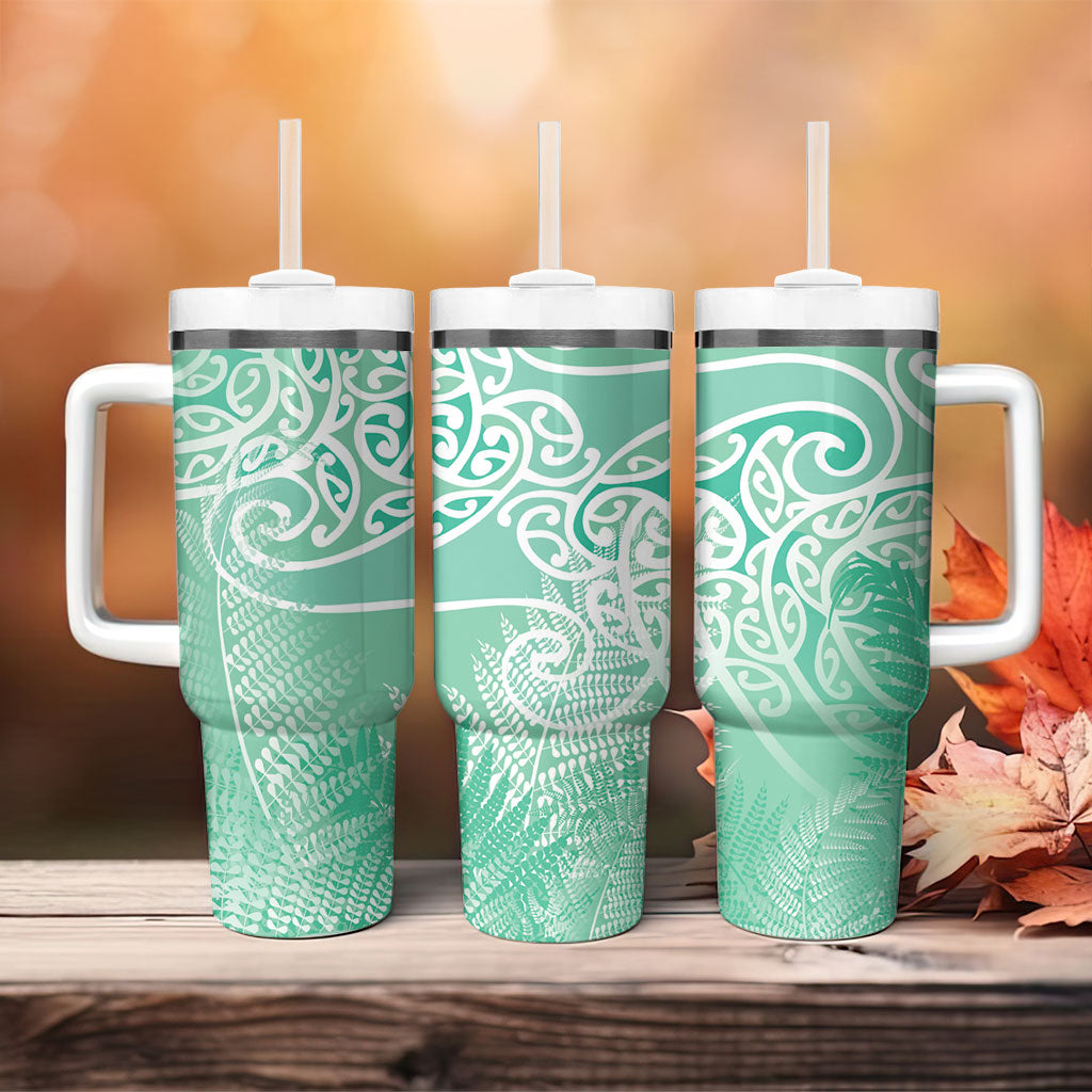 Aotearoa Maori Koru Curves Tumbler With Handle Silver Ferns - Mint LT7 - Polynesian Pride
