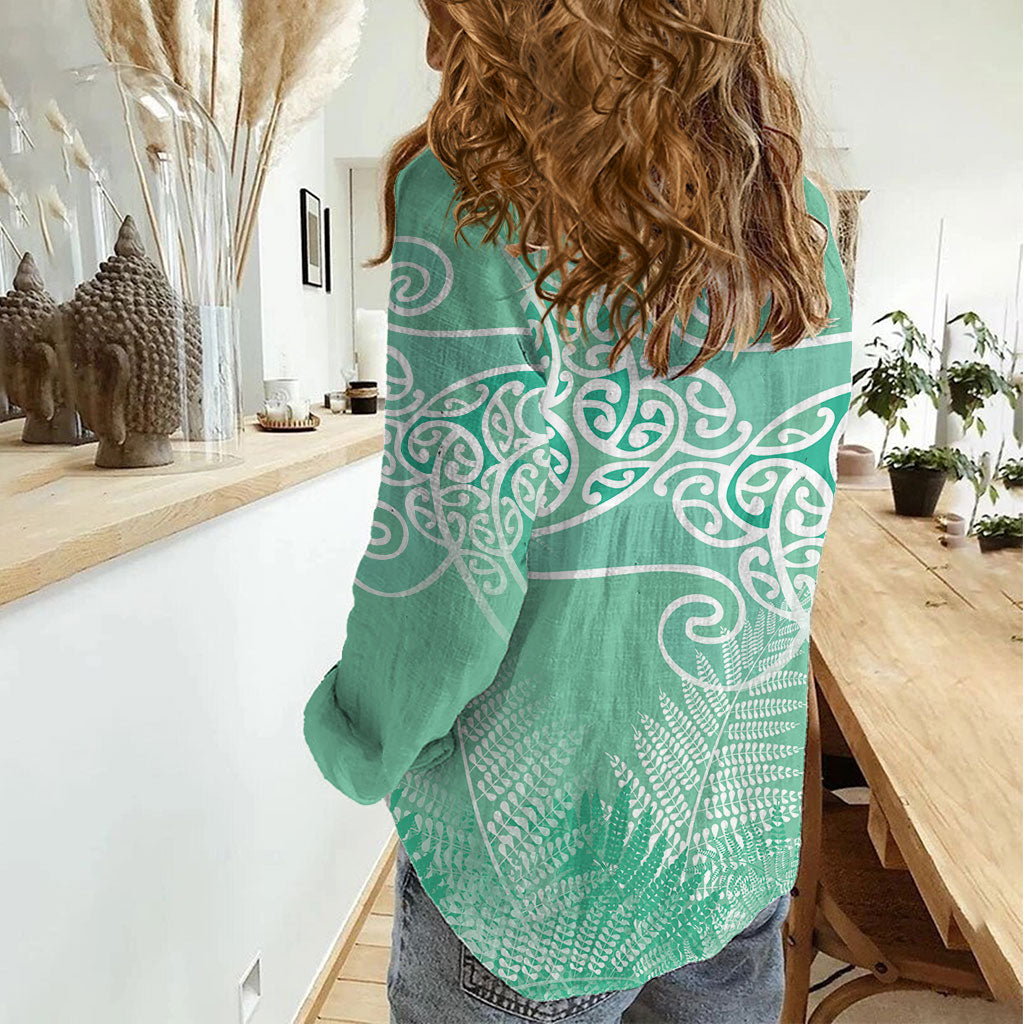 Aotearoa Maori Koru Curves Women Casual Shirt Silver Ferns - Mint LT7 - Polynesian Pride