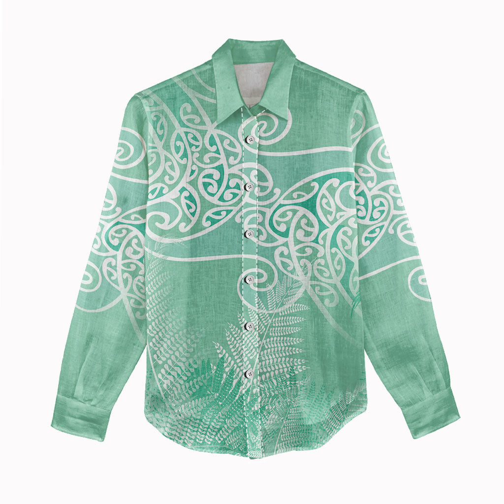 Aotearoa Maori Koru Curves Women Casual Shirt Silver Ferns - Mint LT7 - Polynesian Pride
