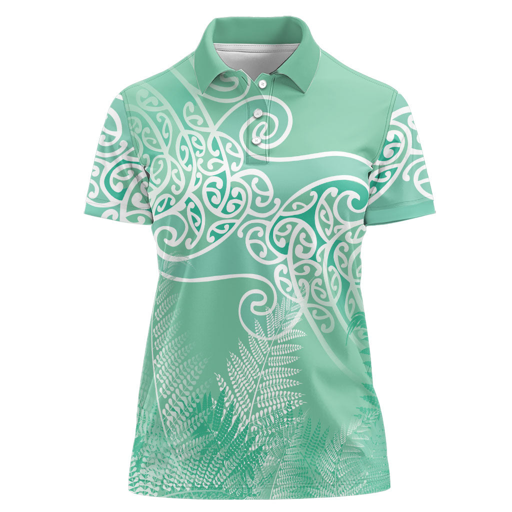 Aotearoa Maori Koru Curves Women Polo Shirt Silver Ferns - Mint LT7 Female Mint Green - Polynesian Pride