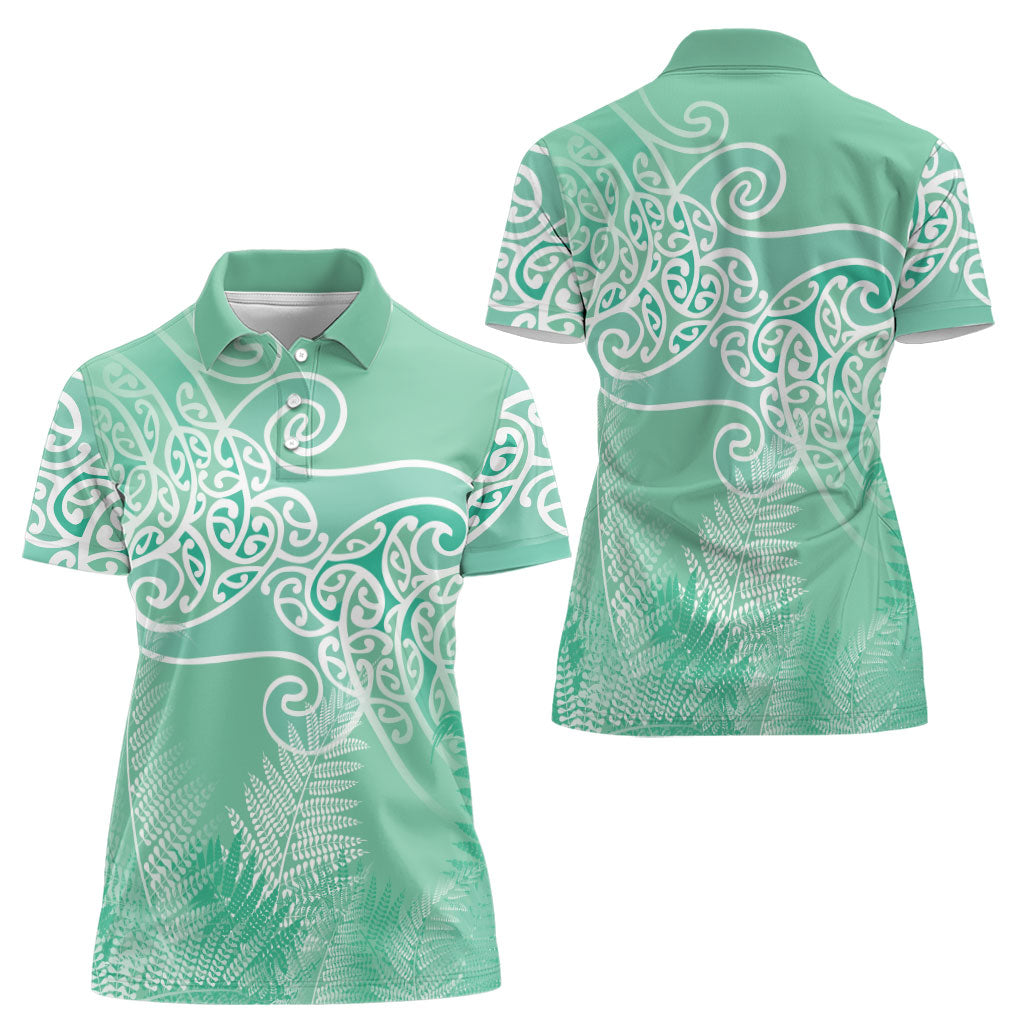 Aotearoa Maori Koru Curves Women Polo Shirt Silver Ferns - Mint LT7 - Polynesian Pride