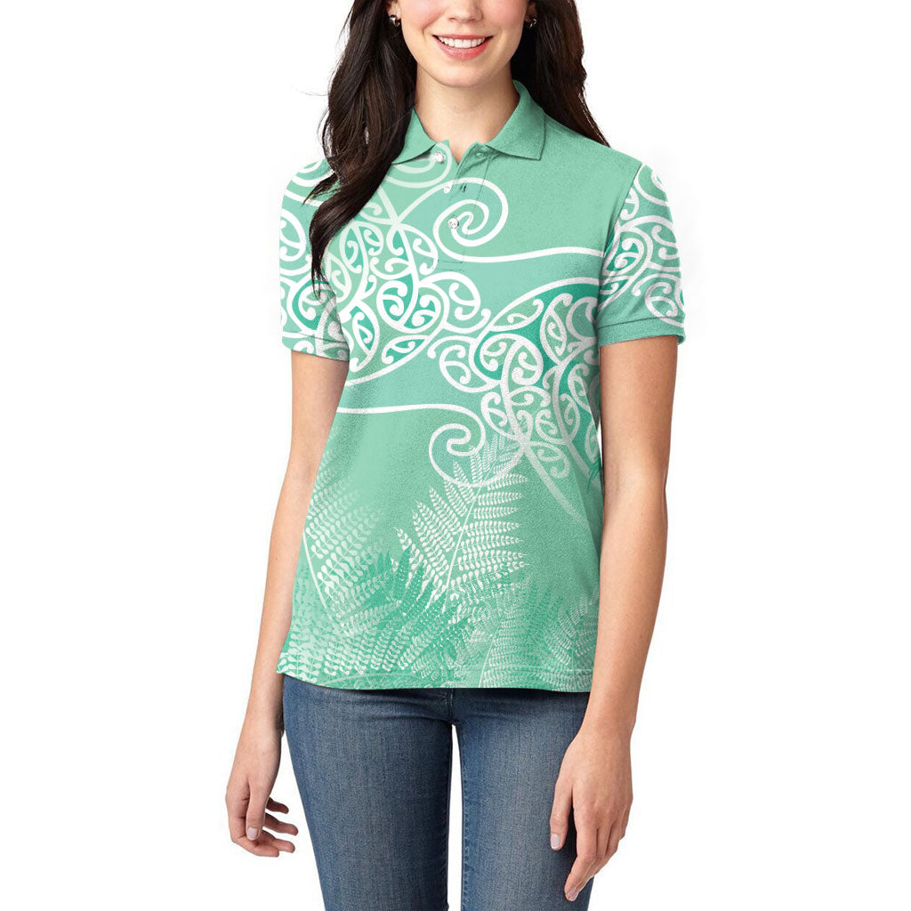 Aotearoa Maori Koru Curves Women Polo Shirt Silver Ferns - Mint LT7 - Polynesian Pride