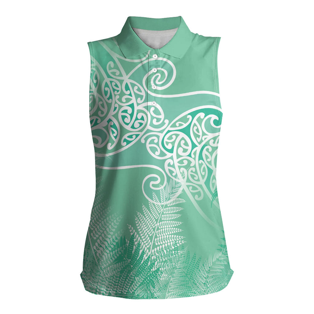 Aotearoa Maori Koru Curves Women Sleeveless Polo Shirt Silver Ferns - Mint LT7 Female Mint Green - Polynesian Pride