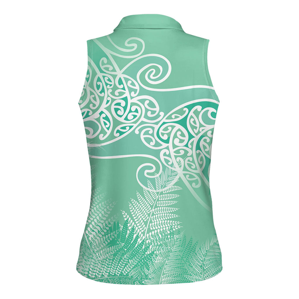 Aotearoa Maori Koru Curves Women Sleeveless Polo Shirt Silver Ferns - Mint LT7 - Polynesian Pride