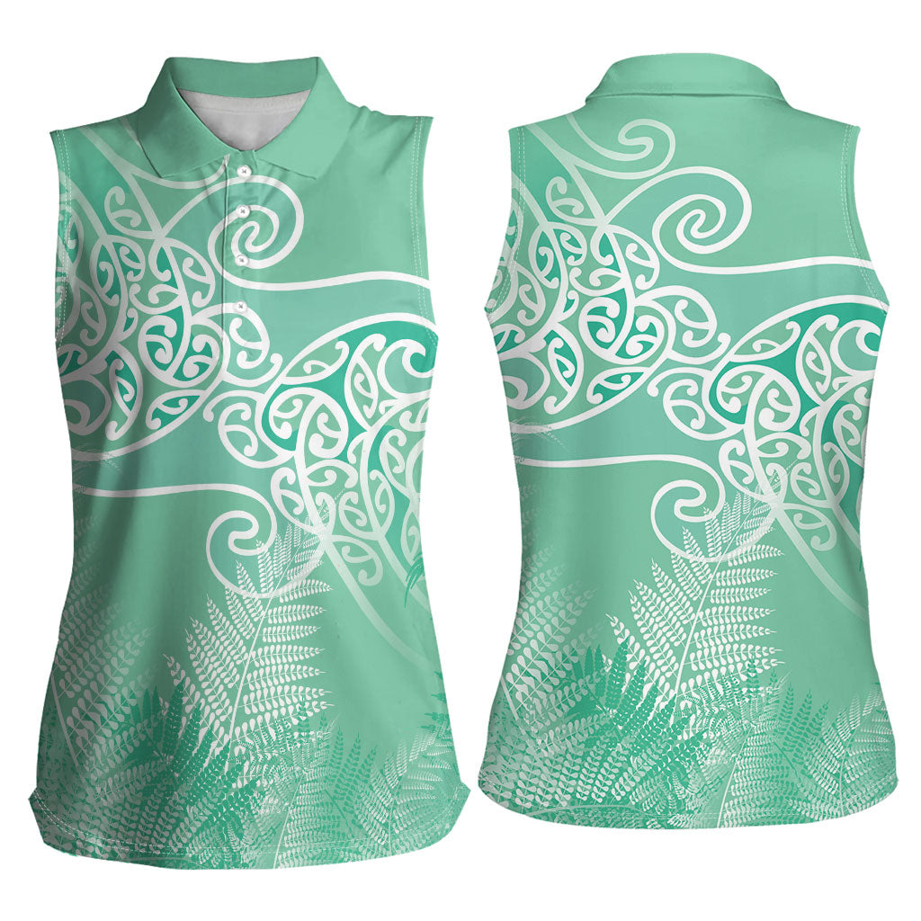 Aotearoa Maori Koru Curves Women Sleeveless Polo Shirt Silver Ferns - Mint LT7 - Polynesian Pride