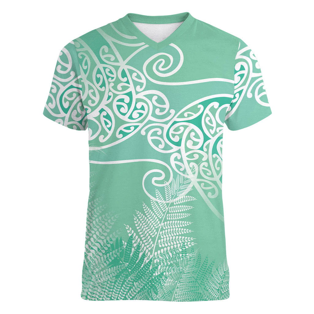 Aotearoa Maori Koru Curves Women V-Neck T-Shirt Silver Ferns - Mint LT7 Female Mint Green - Polynesian Pride