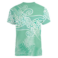 Aotearoa Maori Koru Curves Women V-Neck T-Shirt Silver Ferns - Mint LT7 - Polynesian Pride